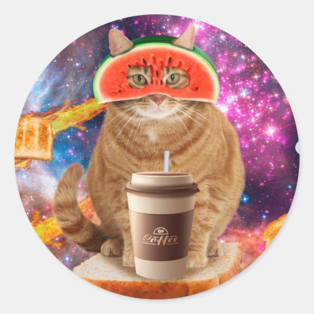 Space cat with watermelon glasses classic round sticker (Front)
