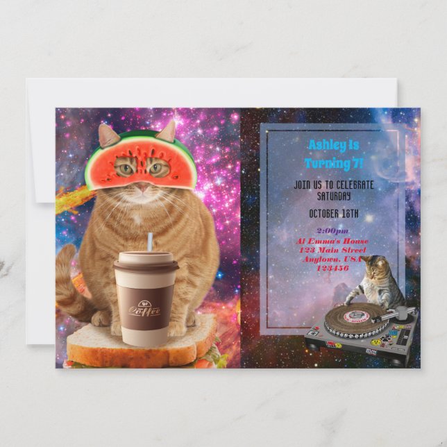 Space cat with watermelon glasses invitation (Front)