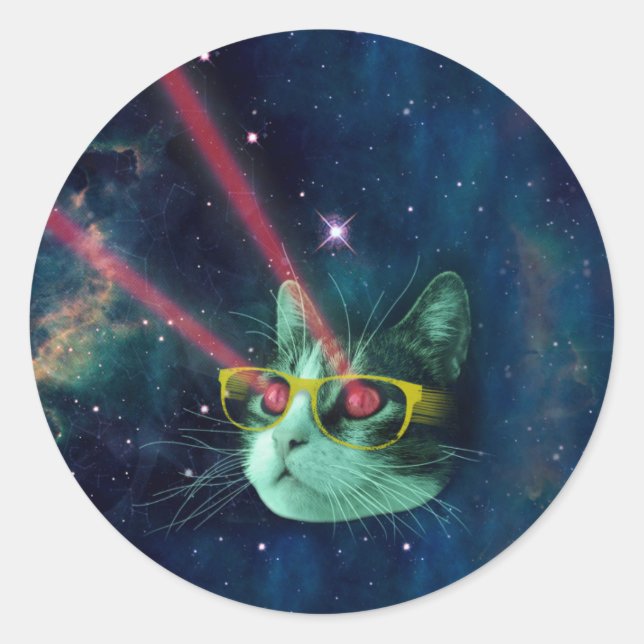 Space cat with yelow glasses classic round sticker (Front)