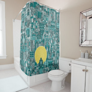 space city sun teal shower curtain