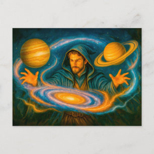 Space-controlling mage in cosmic oil painting holiday postcard