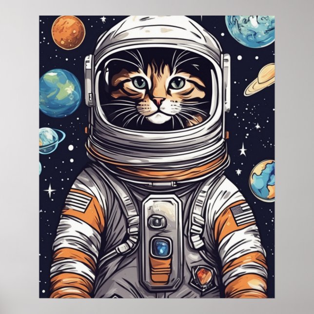 Space Cowboy Cat Print, Bright Rainbow Digital Art Poster (Front)