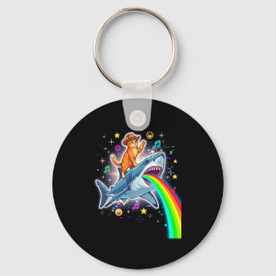 Space Cowboy Cat Riding Shark Rainbow Xel Art  Key Ring