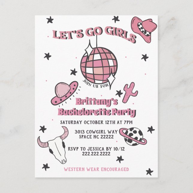Space Cowgirl Bachelorette Party Invitation Postcard (Front)
