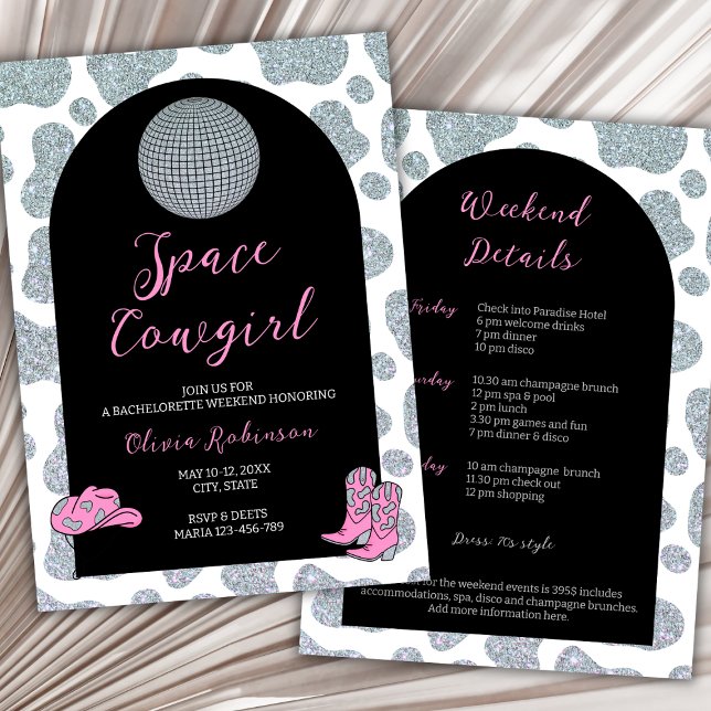 Space Cowgirl Bachelorette Weekend Itinenerary Invitation (space cowgirl disco bachelorette weekend itinerary)
