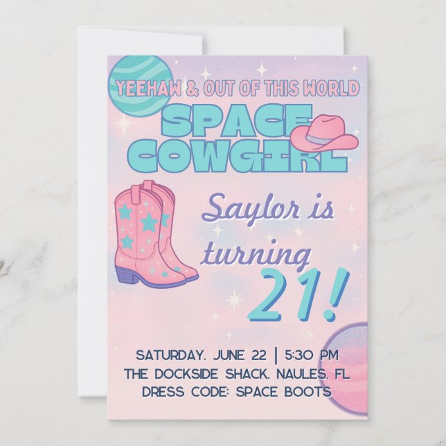Space Cowgirl Birthday Invitation | Pastel Cosmic  (Front)