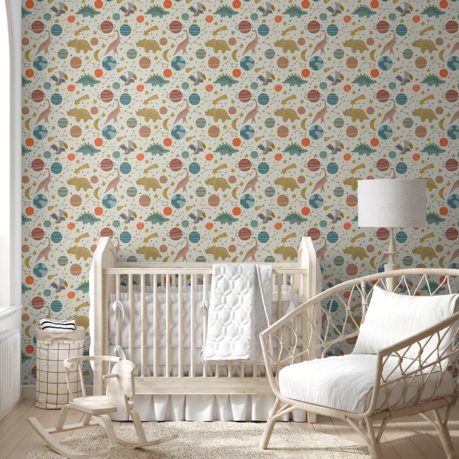 Space Dinosaurs Baby Boy Nursery Cream Pattern Wallpaper (Kids)