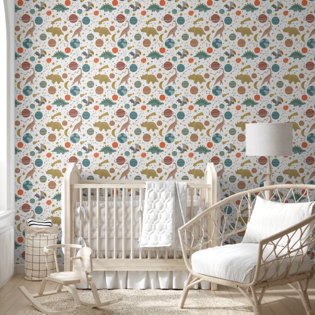 Space Dinosaurs Baby Boy Nursery White Pattern Wallpaper (Kids)