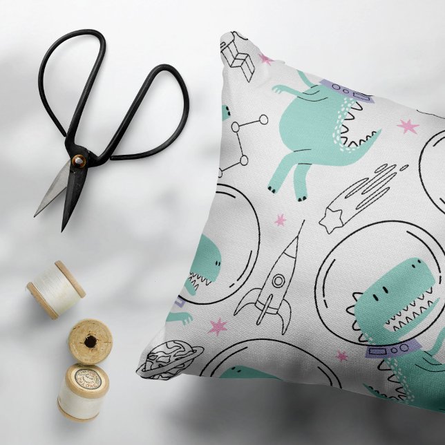 Space Dinosaurs, Cute Dinosaurs, Space Ship, Stars Decorative Cushion (Creator Uploaded)