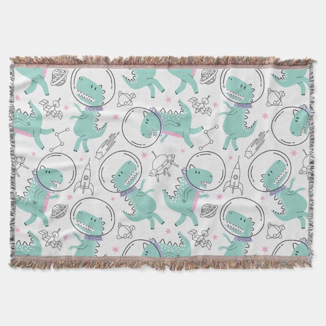Space Dinosaurs, Cute Dinosaurs, Space Ship, Stars Throw Blanket (Front)