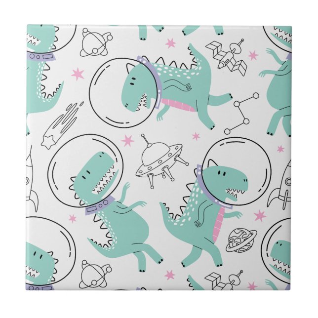 Space Dinosaurs, Cute Dinosaurs, Space Ship, Stars Tile (Front)