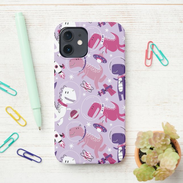 Space Dinosaurs, Cute Dinosaurs, Stars, Space Ship iPhone Case (On Desk)