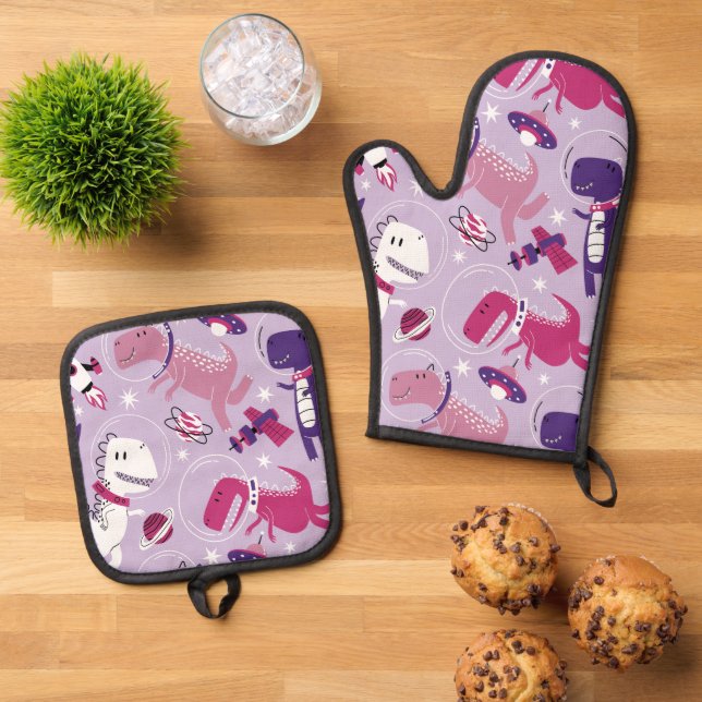 Space Dinosaurs, Cute Dinosaurs, Stars, Space Ship Oven Mitt & Pot Holder Set (Top Down)