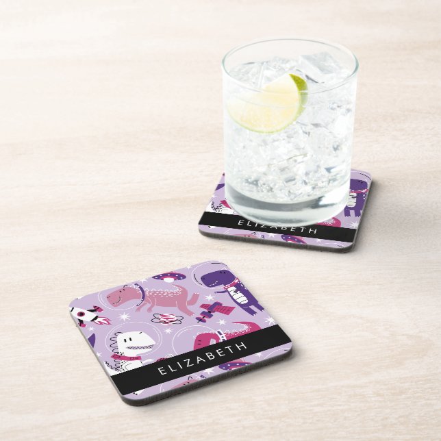 Space Dinosaurs, Cute Dinosaurs, Stars, Your Name Coaster (Right Side)