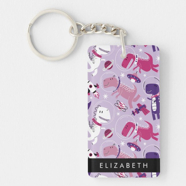 Space Dinosaurs, Cute Dinosaurs, Stars, Your Name Key Ring (Front)