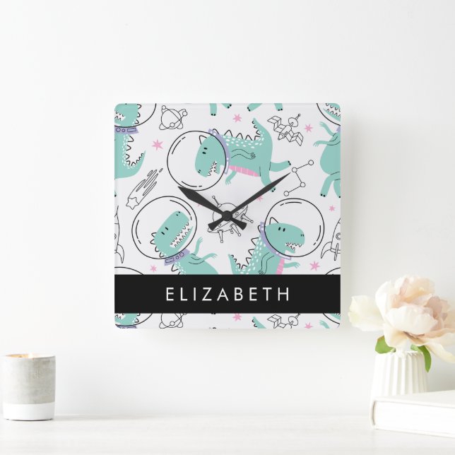 Space Dinosaurs, Cute Dinosaurs, Stars, Your Name Square Wall Clock (Home)