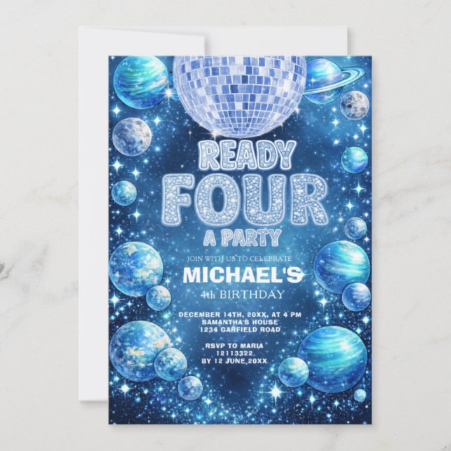 Space Disco 4th Birthday READY FOUR A PARTY Invitation (Front)