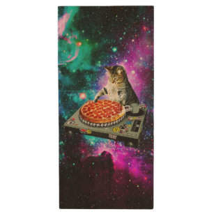 Space dj cat pizza wood USB flash drive