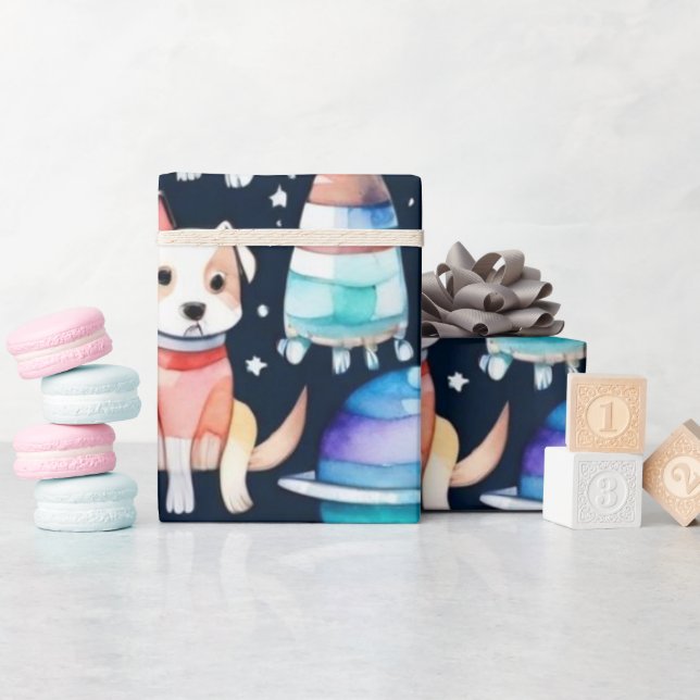 Space dogs planets galaxy universe wrapping paper (Baby Shower)