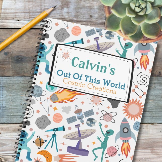 Space Doodle Pattern Personalised Kid Sketch Notebook (Elevate creativity with our Out of this World space themed personalized sketchbook. Customize today.)