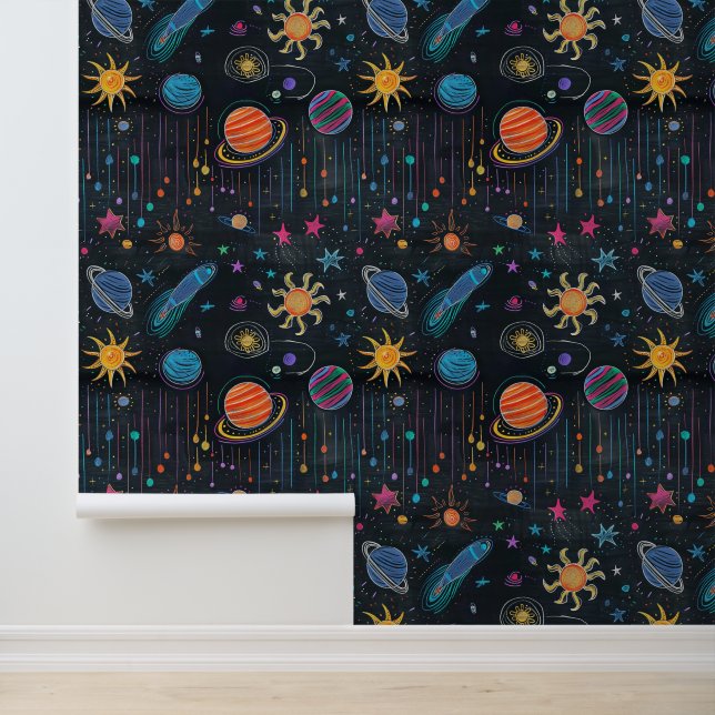 Space doodles, chalk on blackboard drawing wallpaper (Application)