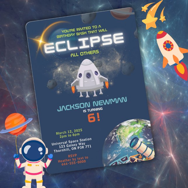 Space Eclipse Birthday Invitation (Eclipse kid's birthday invitation for the little astronaut in your family.  )