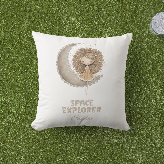 Space Explorer Fairy Moon Personalised Custom Name Cushion (Grass)