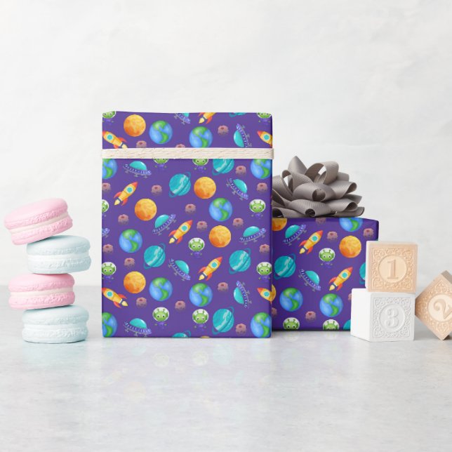 Space Explorers on Blue Wrapping Paper (Baby Shower)