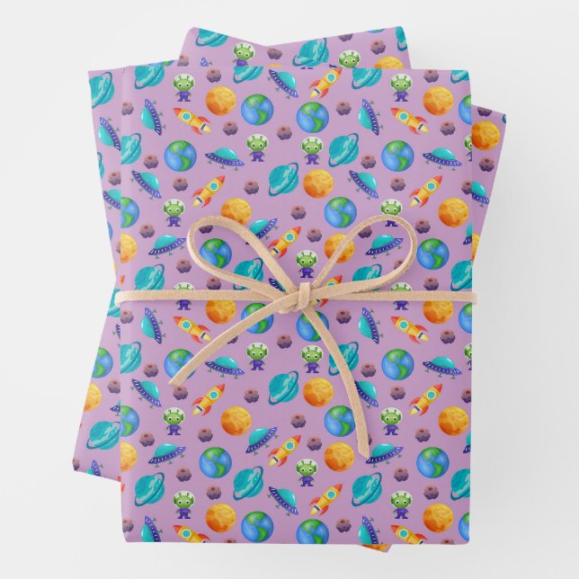 Space Explorers on Lavender Purple Wrapping Paper Sheet (In situ)