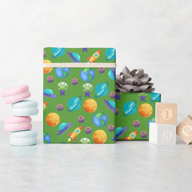Space Explorers on Maximum Green Wrapping Paper (Baby Shower)