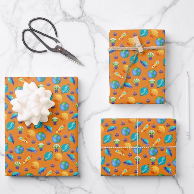 Space Explorers on Orange Wrapping Paper Sheet (Front)