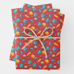 Space Explorers on Red Wrapping Paper Sheet