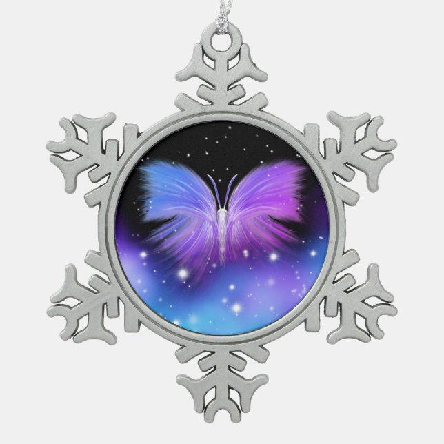 Space Fantasy Butterfly Cosmic Snowflake Pewter Christmas Ornament (Front)
