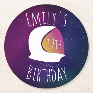 Space Galaxy Astronaut Purple Ombre Birthday Party Round Paper Coaster