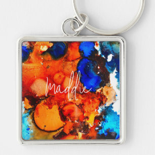 Space galaxy blue planet watercolor keychain