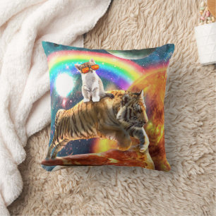 Space Galaxy Cat Riding Tiger on Pizza             Cushion
