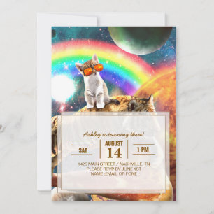 Space Galaxy Cat Riding Tiger on Pizza             Invitation