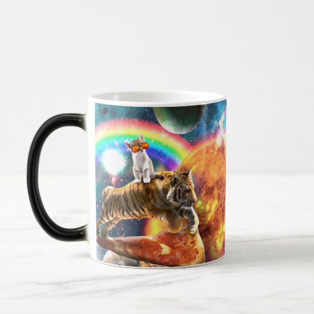 Space Galaxy Cat Riding Tiger on Pizza             Magic Mug (Left)