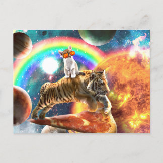 Space Galaxy Cat Riding Tiger on Pizza             Postcard