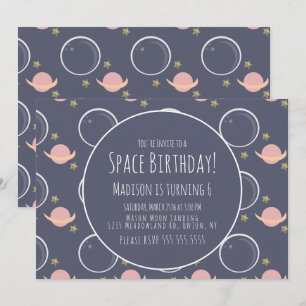 Space Galaxy Pink  Moon Foil Stars Birthday Invitation