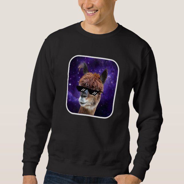 Space Galaxy Pixel Sunglasses Absurd Retro Alpaca Sweatshirt (Front)