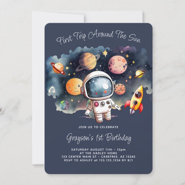 Space Galaxy Planets and Stars First Birthday Invitation (Front)