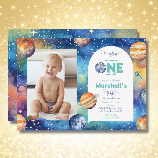 Space Galaxy ✨ Planets Photo First Birthday Invitation (Space Galaxy ✨ Planets Photo First Birthday Invitation)