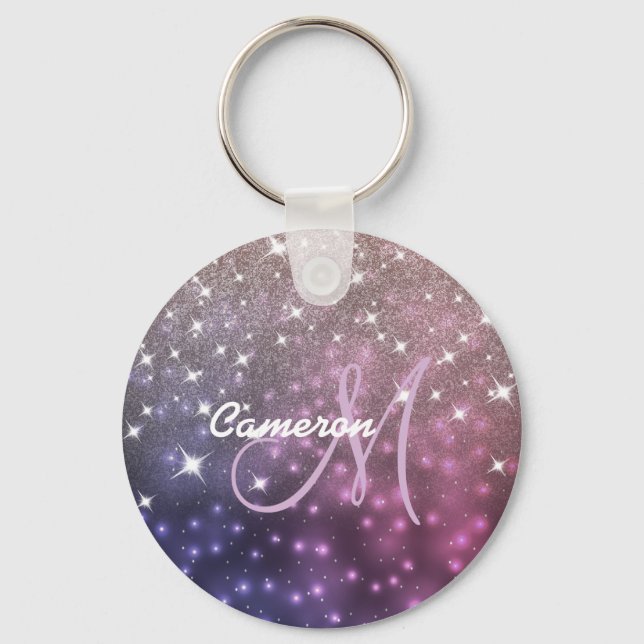 Space Galaxy Rose Gold Glitter Sparkly Monogram Key Ring (Front)