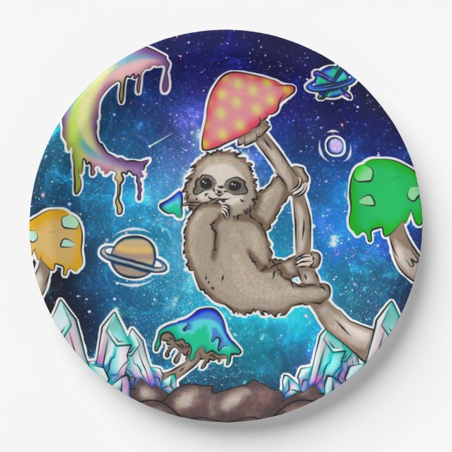 Space Galaxy Sloth Cosmic Mushrooms Weird Crystal Paper Plate (Front)