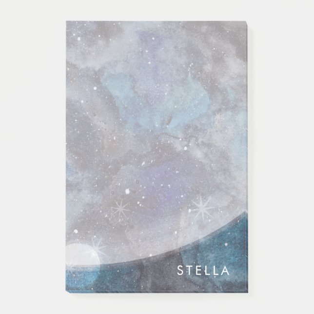 Space Galaxy Watercolor Moon Stars Personalised Post-it Notes (Front)