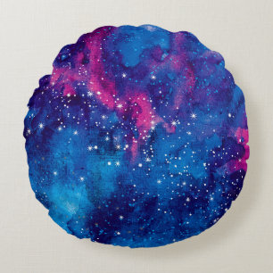 Space galaxy watercolor night sky with stars and n round cushion