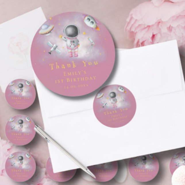 Space girl Astronaut pink rocket star 1st Birthday Classic Round Sticker (Creator Uploaded)