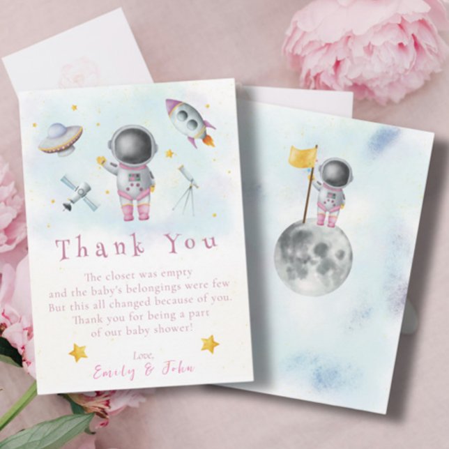 Space girl Astronaut pink rocket star Thank You Invitation (Creator Uploaded)