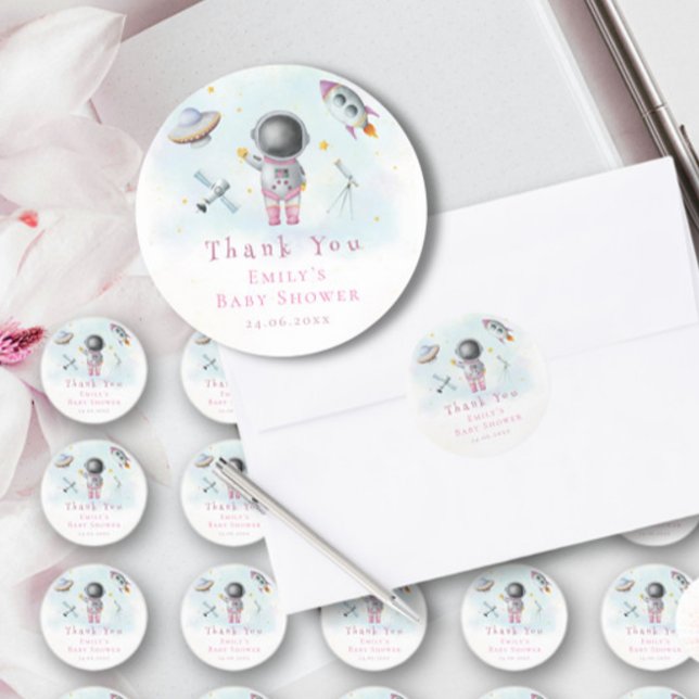 Space girl Astronaut pink rocket stars Baby Shower Classic Round Sticker (Creator Uploaded)